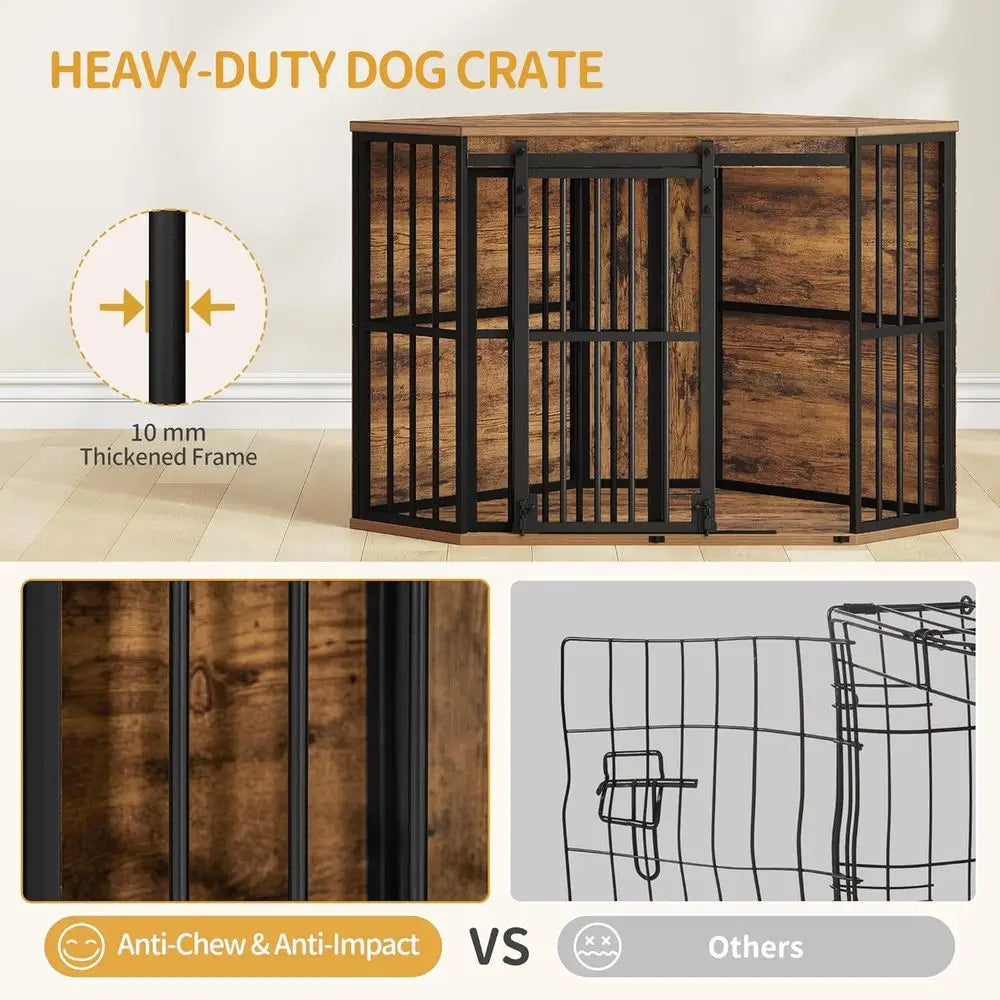 Corner Dog Crate Furniture with Barn Door, Heavy Duty Dog Kennel Indoor, Wooden Decorative Pet Cage for Small, Medium Dogs, Space Saver