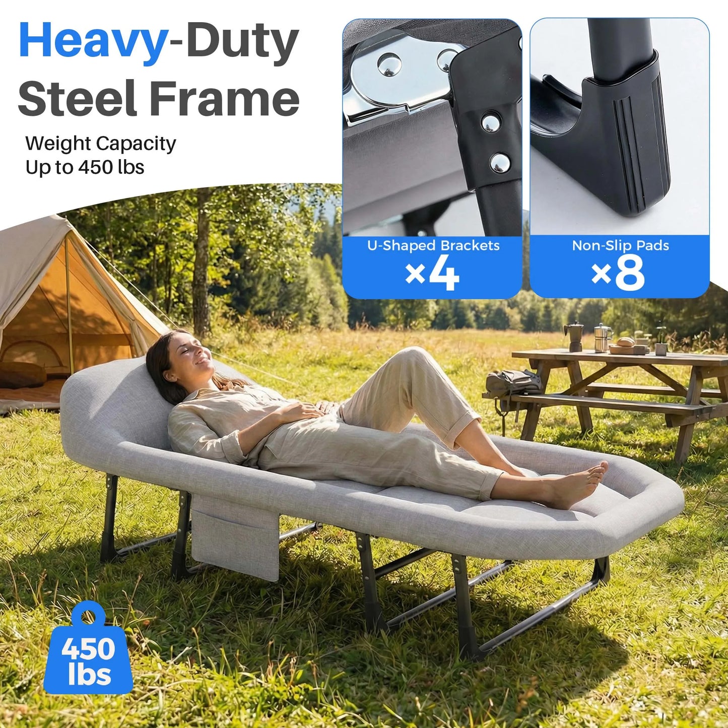 Adjustable Folding Camping Bed with Mattress  Lightweight Camping Cot with Carry Bag 6 Angle Foldable Camping Bed for Camp Outdoor Supports 450 Lbs