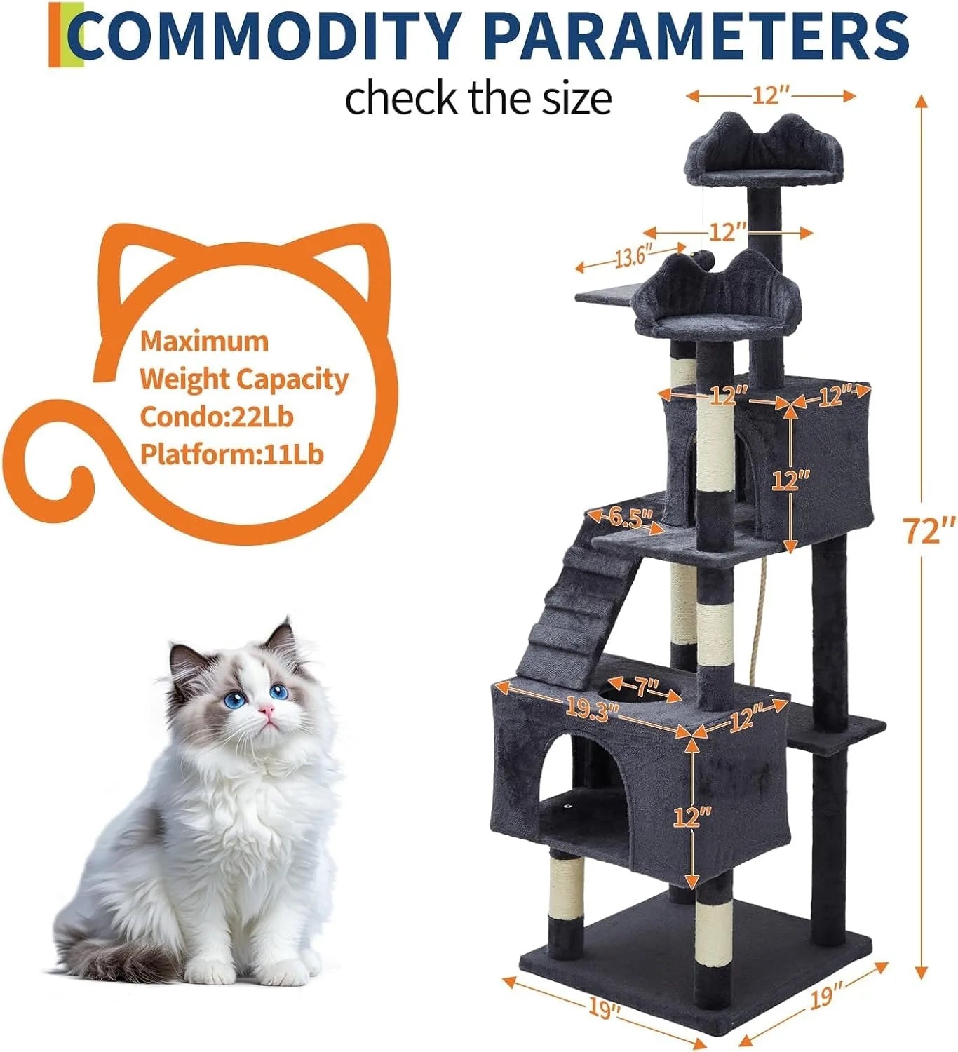 72" Cat Tree for Large Cats, Multi-Level Cat Tower with 6 Sisal Scratching Posts, 2 Condos, 3 Perches, Hammock & Dangling Toys, Sturdy Particle Board with Anti-Tip Kit, Dark Grey