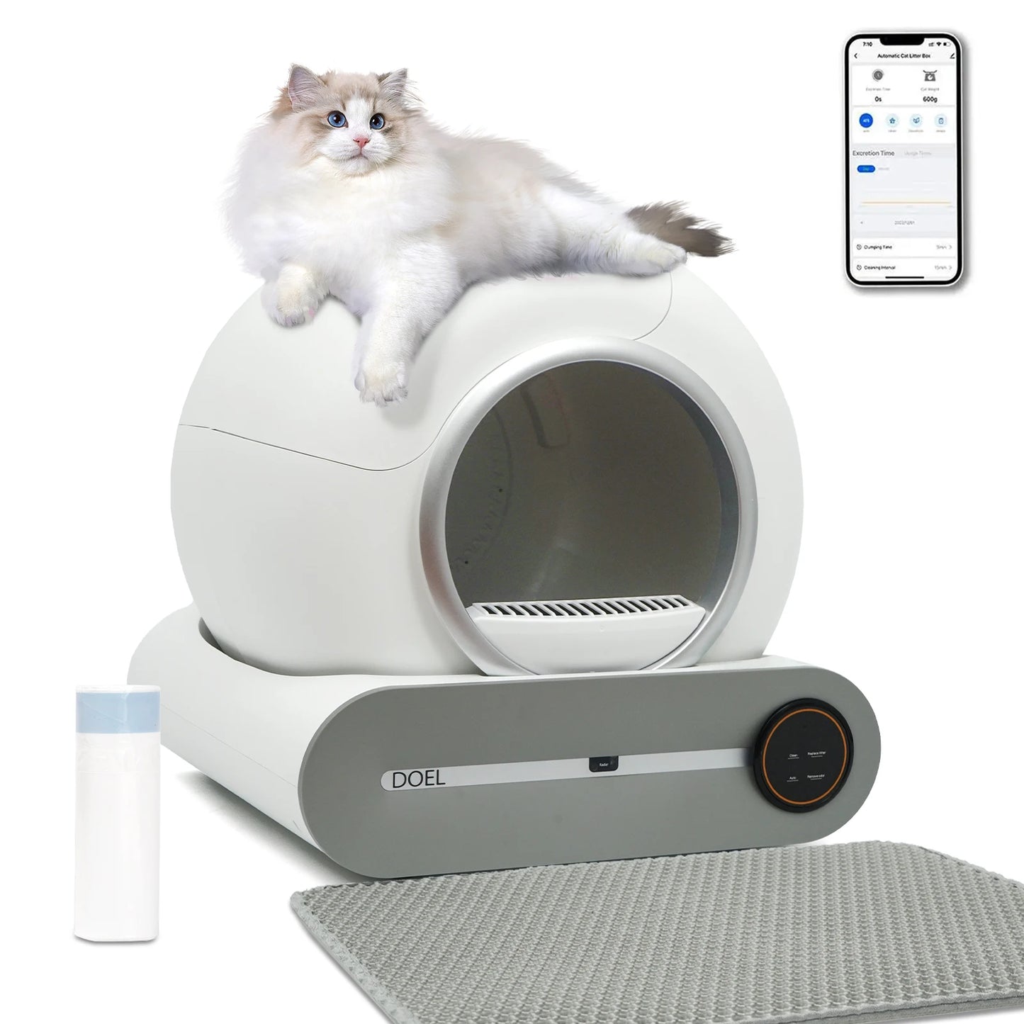 DOEL Self-Cleaning Cat Litter Box 65L Automatic Cat Litter Box w/ Trash Bag & Litter Mat Smart Cat Toilet App Control 2.4G WiFi