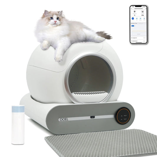 DOEL Self-Cleaning Cat Litter Box 65L Automatic Cat Litter Box w/ Trash Bag & Litter Mat Smart Cat Toilet App Control 2.4G WiFi