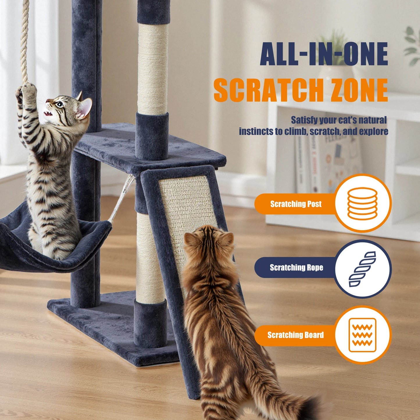 63 In Cat Tree Tall Multi-Cat Climbing Tower for Pet Furniture Natural Sisal Scratching Posts, Stable Pet House for Indoor Cat