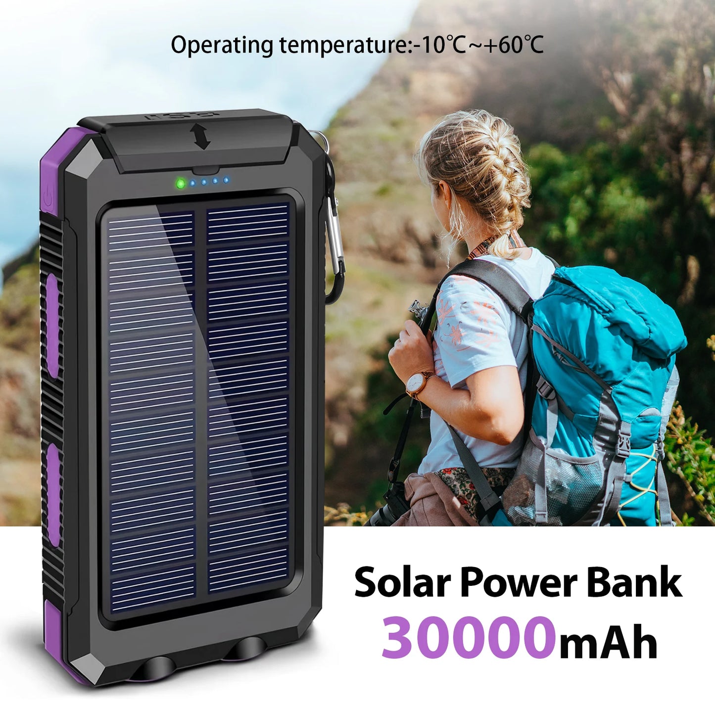 30000mAh Solar Power Bank Portable Charging Powerbank Dual 5V USB Ports 2 LED Light Flashlight for IPhones Outdoor Camping Hiking