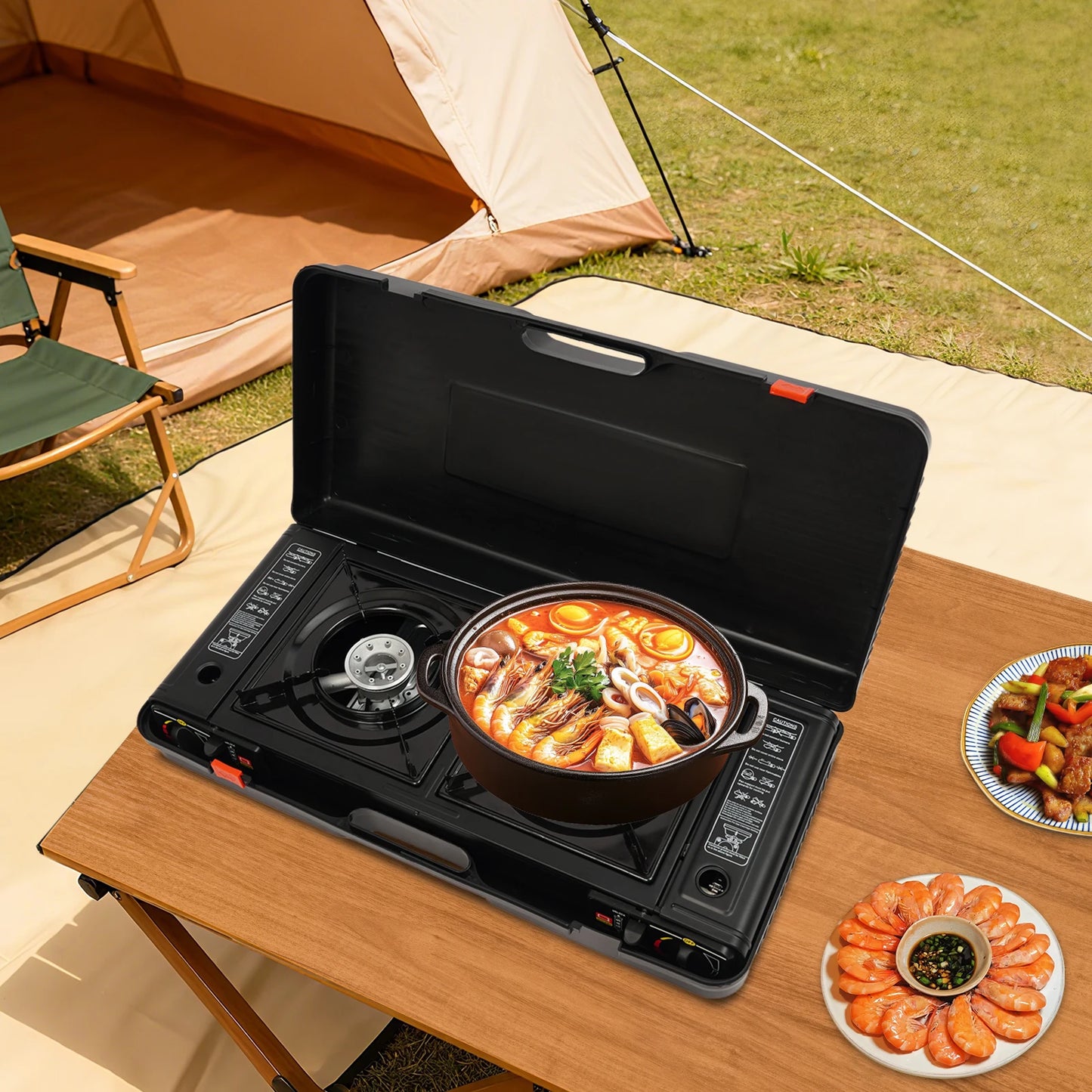 2 Burners Portable Camping Stove, Camping Stove with Baking Tray & Portable Case, 2500W Gas Stove 64cm*29cm*12cm