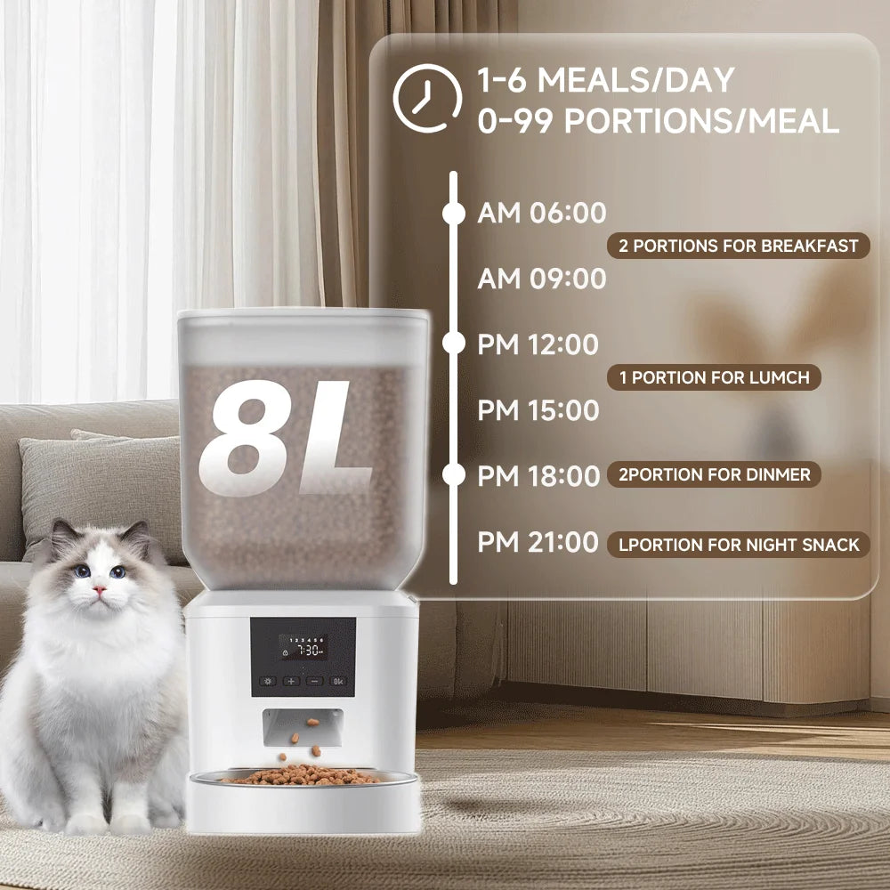 8L Automatic Cat Feeder, Smart Pet Food Dispenser with Key Control, Voice Recorder, Dual Power Supply, Timed Auto Dog Feeder with Stainless Steel Bowl