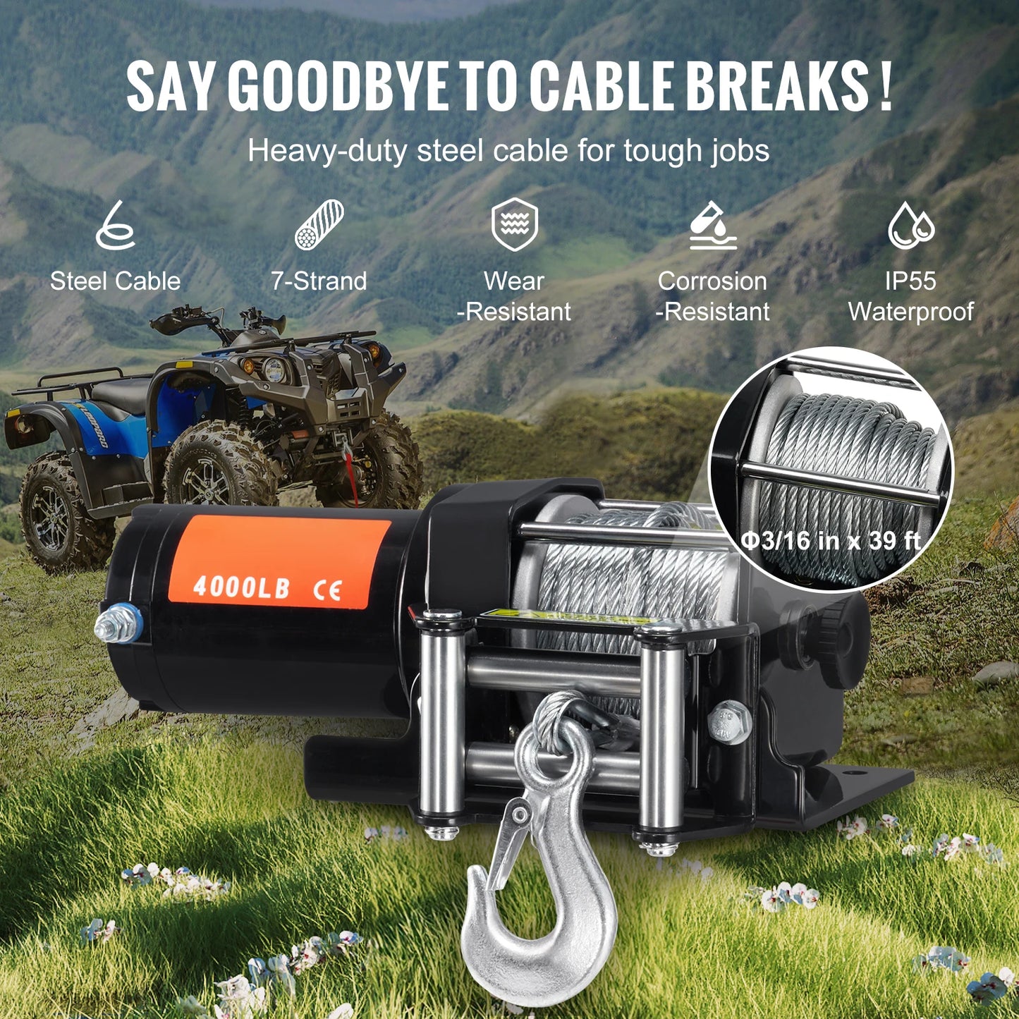 4000lbs Electric Winch with 39 Ft 7 Strands Steel Cable Wireless & Wired Remote Control ATV/UTV Winch for Truck Towing