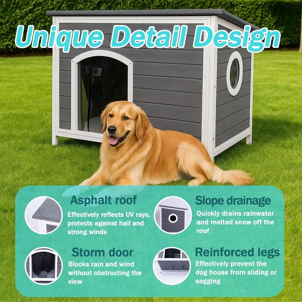 Large Outdoor Wooden Dog House for Medium to Large Dogs | Weatherproof Asphalt Roof, Chew-Resistant Frame, Indoor/Outdoor