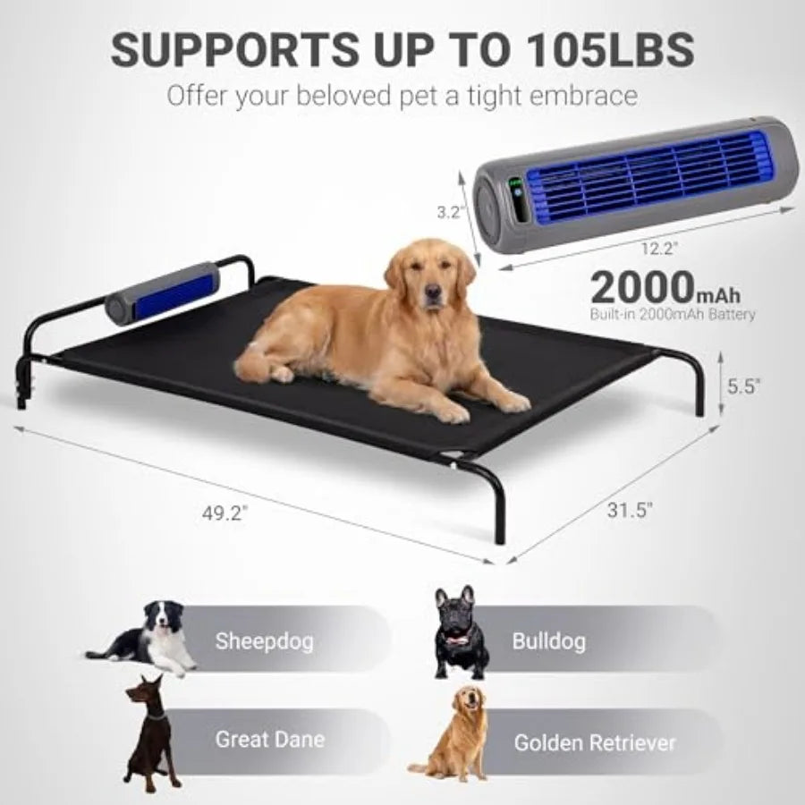 Elevated Outdoor Dog Bed with Fan - Cooling Dog Bed for Dogs Waterproof Cot Easy to Assemble 3 Wind Speed Raised Dog Bed