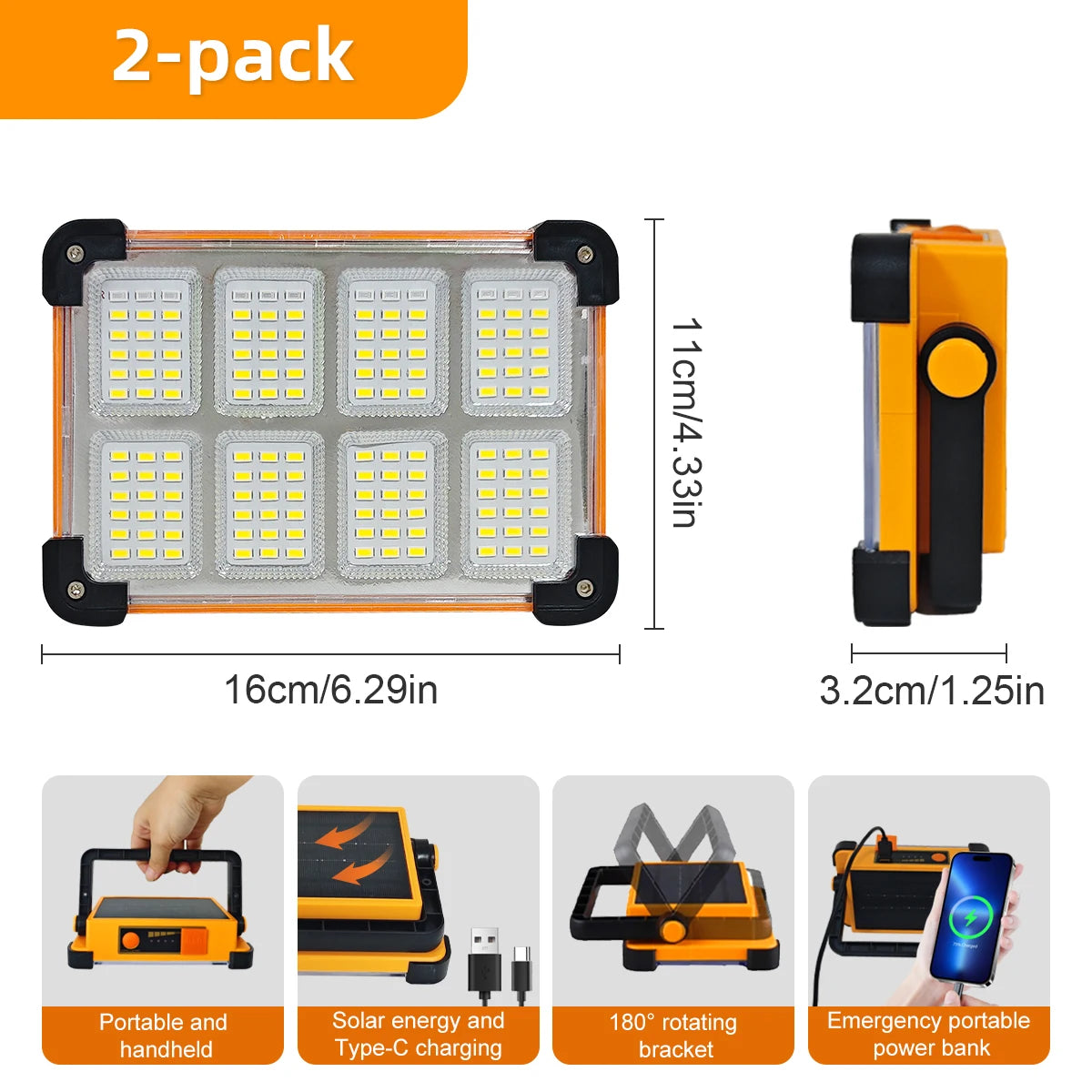 2 Pack/1Pack Rechargeable LED Solar Work Light, Portable Floodlight with 3600mAh Battery, Ideal for Camping, Emergency Power
