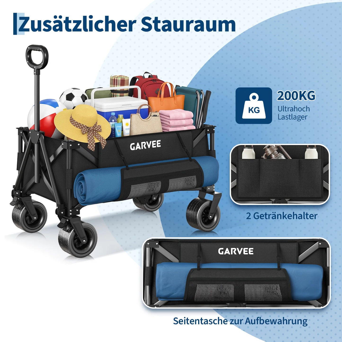 Outdoor Camping Cart with 8 Inch Wheels/Adjustable Handle 600D Oxford Cloth Foldable All Terrain Trolley Wagon for Picnic Garden