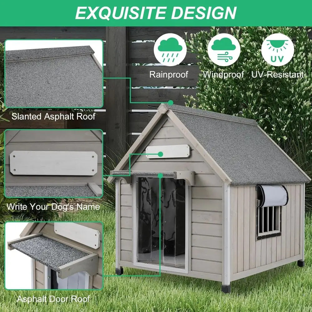 30.5" Waterproof Asphalt Roof Outdoor Dog House for Small to Medium Dogs, Large Metal Anti-Chew Indoor Kennel with Cloth Window