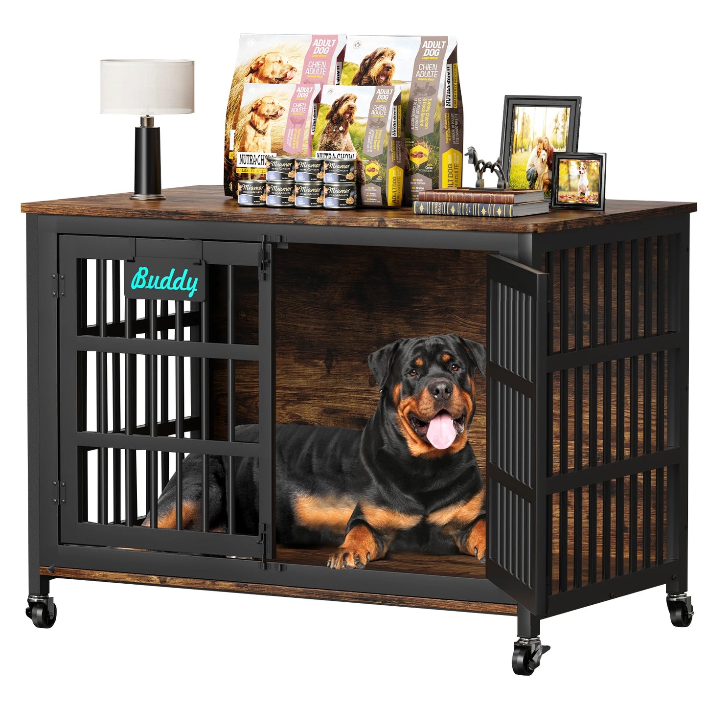 Dog Crate Furniture with Casters, Heavy Duty Dog Kennel Indoor for Large and Medium Dogs, Decorate House as TV Stand, Bedside Table
