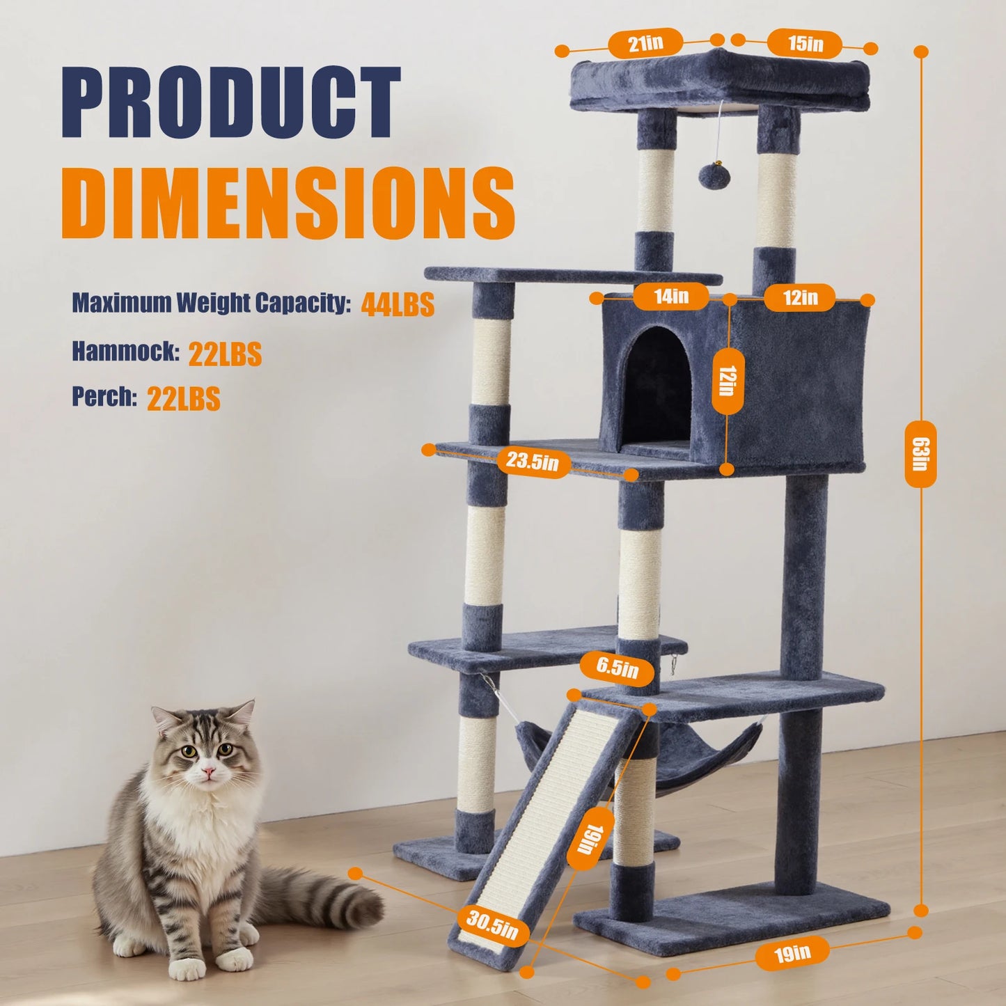 63 In Cat Tree Tall Multi-Cat Climbing Tower for Pet Furniture Natural Sisal Scratching Posts, Stable Pet House for Indoor Cat