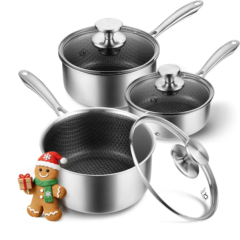 Hybrid Nonstick Stainless Steel Saucepan, 1+2+3 Quart Tri-Ply Stainless Steel Sauce Pan, Sauce Pan Set