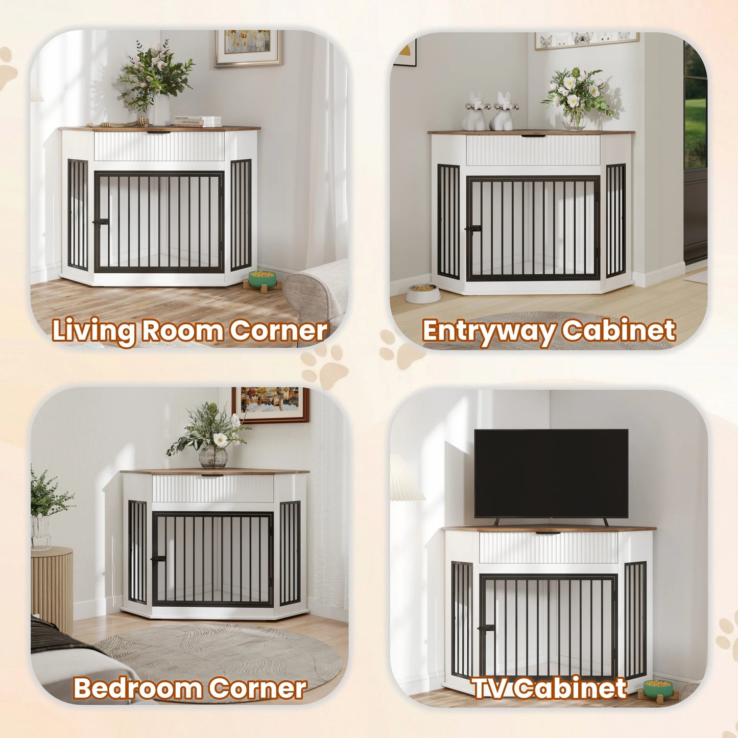 44.6'' Corner Dog Crate Furniture with Fluted Storage Drawer, Wooden Dog Kennel End Table for TV Stand, Decorative Pet Crate