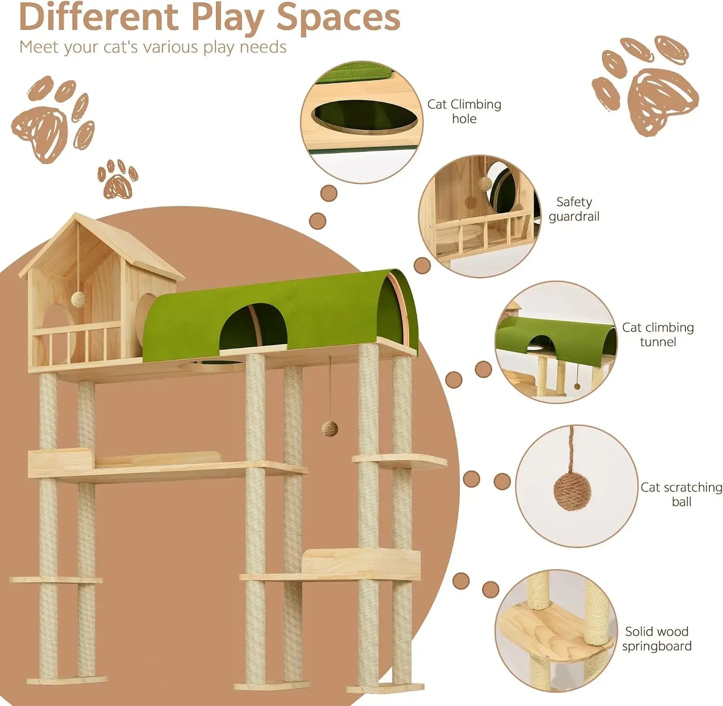 60" Solid Wood Cat Tower for Heavy Cats, Space-Saving with Litter Box Area, Multi-Level for Indoor Multi-Pet Homes