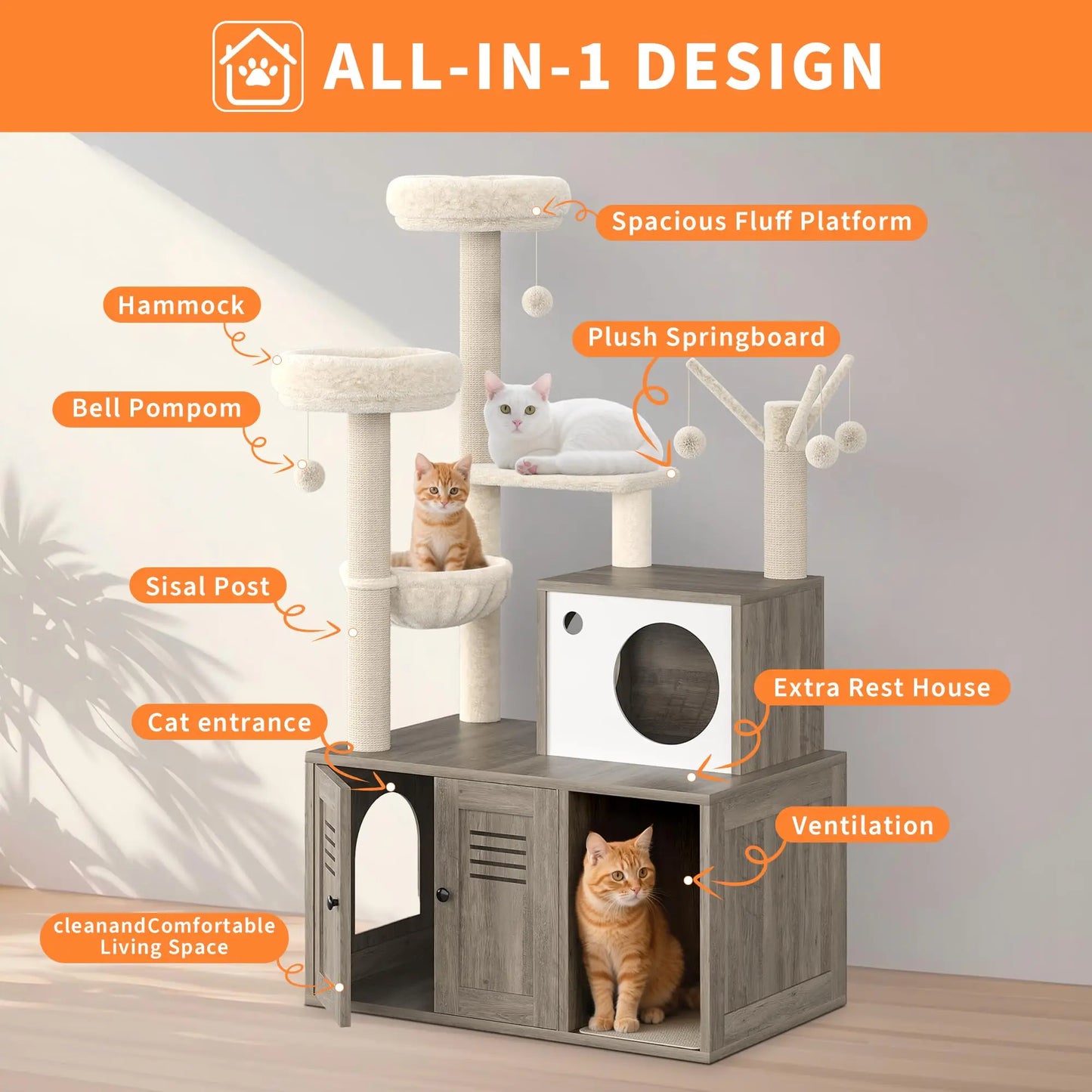 Modern Wooden Cat Tree With Hidden Litter Box, Multi-Level Cat Condo Furniture, Scratching Posts & Litter Cabinet For Indoor Cats
