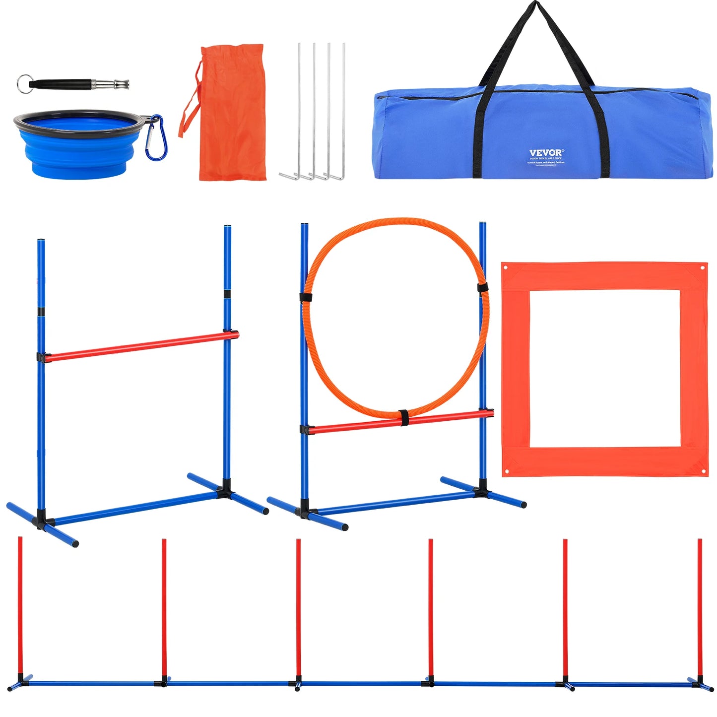 Dog Agility Training Equipment 4 PCS Set with Adjustable High Hurdles 6 Weave Poles Jump Ring Square Pause Box Whistle