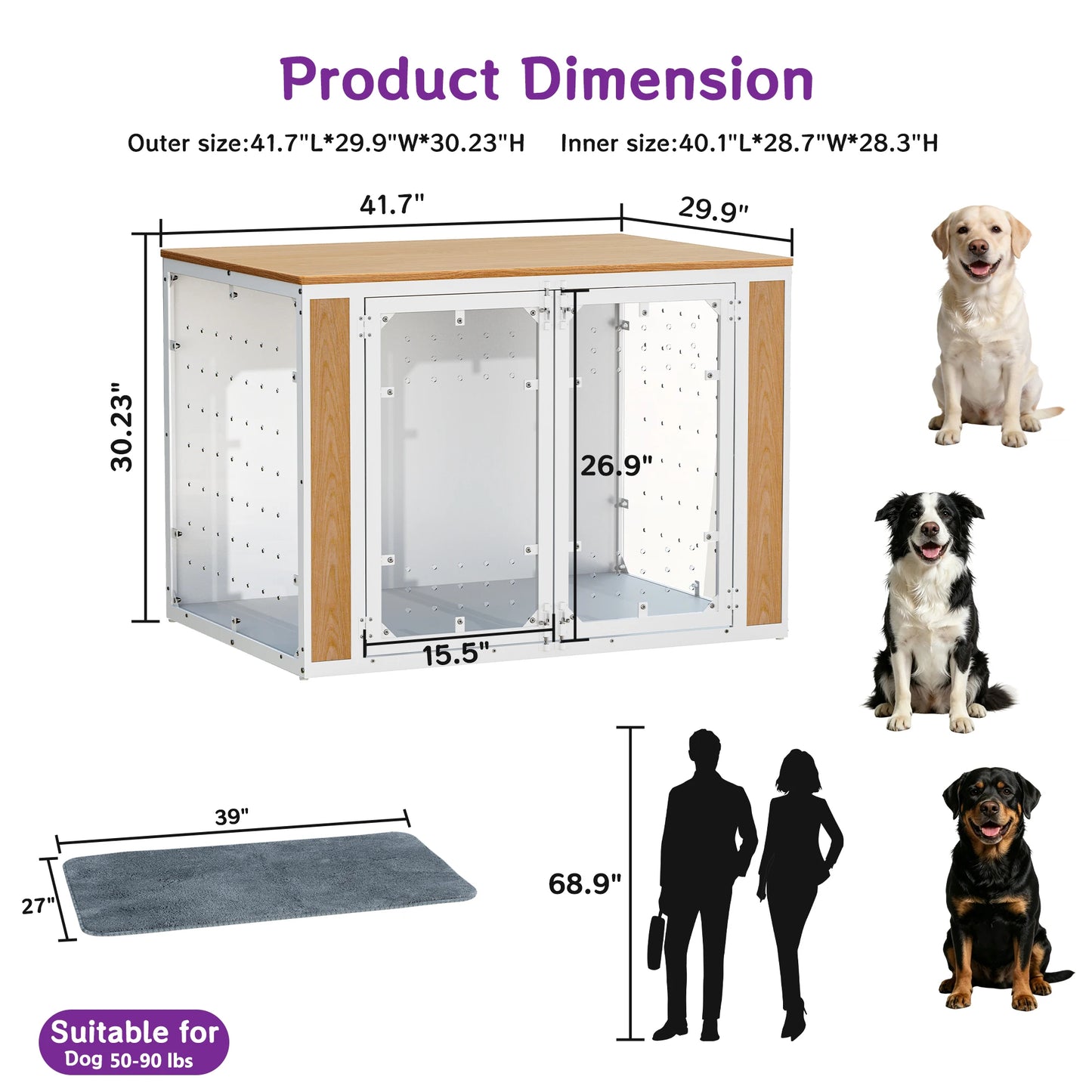Modern Acrylic Dog Crate Furniture with Wood Top,Indoor Dog Crate Furniture Style End Table, Chew-Proof Breathable Pet Kennel with Double Doors, Stylish Indoor Dog House End Table for Medium to Large Dogs, (Suitable for 20-90lbs)