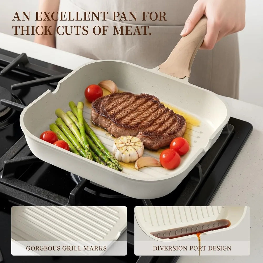 16Pcs Ceramic Nonstick Pots and Pans Set, Includes 9.5" Grill Pan, Induction Compatible, PTFE & PFOA Free, White Stackable Cookware for RV Camping