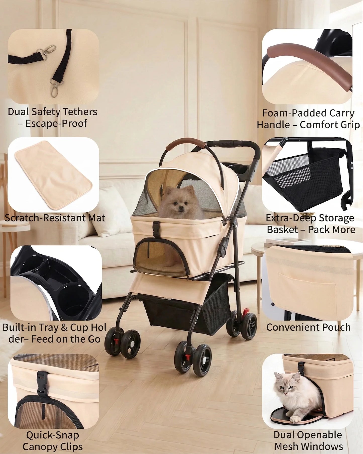 2-in-1 Pet Stroller for Small Dogs, Cats, Foldable Lightweight 4 Wheel Dog Stroller with Removable Carrier Travel Portable Pet Cart