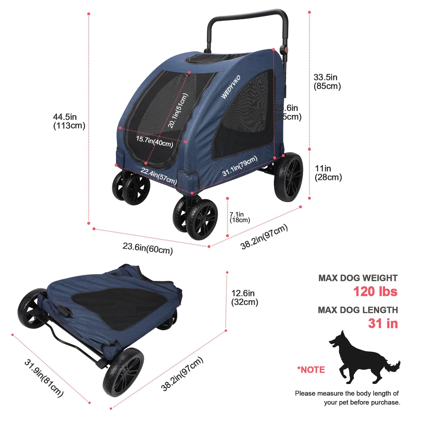 Heavy-Duty Dog Stroller for Large Dogs up to 120 lbs, Foldable Pet Wagon with 360° Wheels, All-Round Ventilation, Front & Rear Z