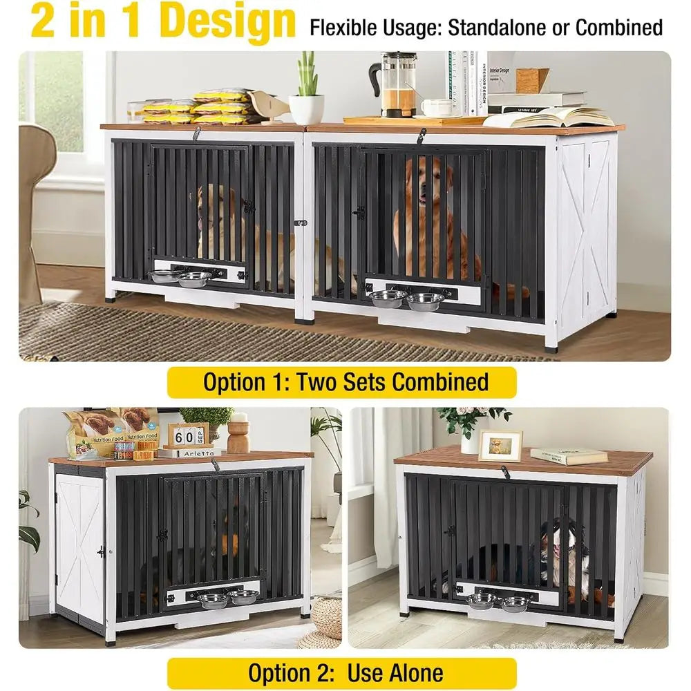 Expandable Wooden Dog Crate with 360° Swivel Bowls, Double-Sided End Table, Indoor Kennel, No Assembly Required