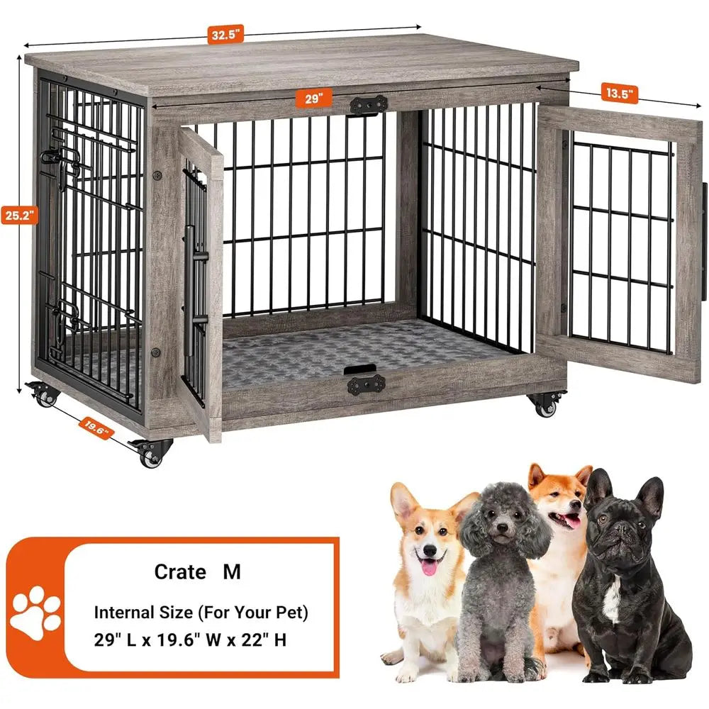 Dog Crate Furniture or Medium Dogs, 32'' Dog Kennel Indoor with Cushion & Wheels Wooden Dog Cage Double Door Dog Crate End Table