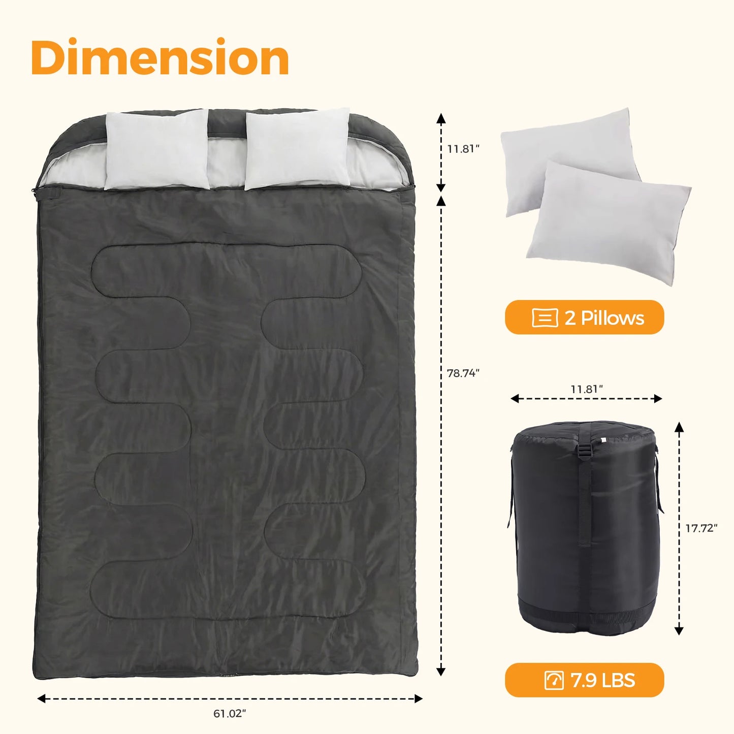 Double Sleeping Bag for Adults with Pillow, Lightweight 3 Season Portable Compact Sleeping Bag for 2 Person Hiking Fishing