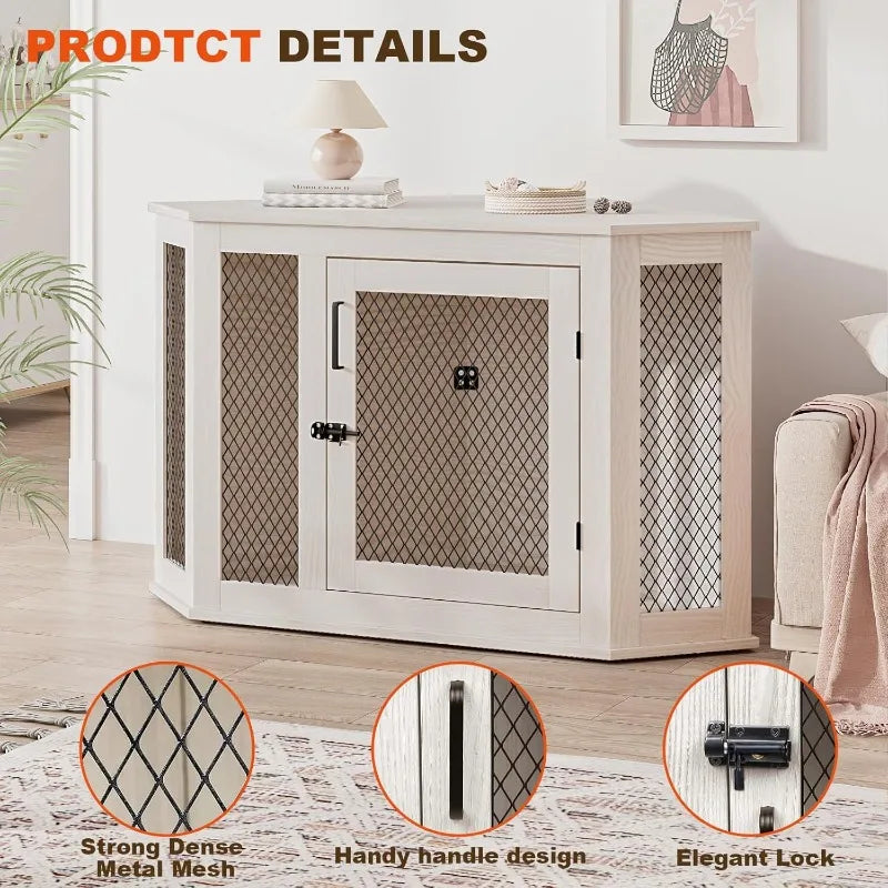 Corner Dog Crate Furniture, 52 inch Decorative Pet Crate with Metal Mesh, Wooden Dog Kennel Indoor Use for Small, Medium