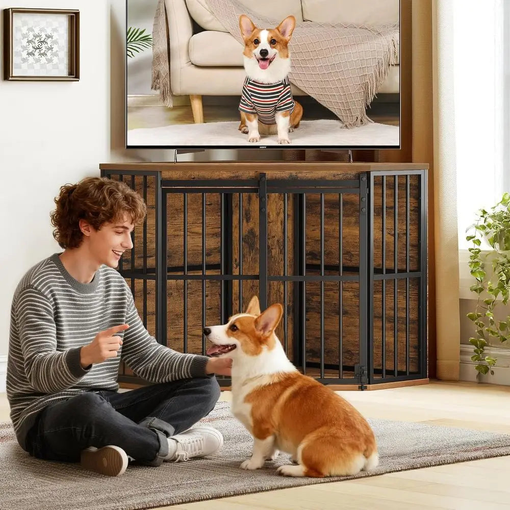 Corner Dog Crate Furniture with Barn Door, Heavy Duty Dog Kennel Indoor, Wooden Decorative Pet Cage for Small, Medium Dogs, Space Saver