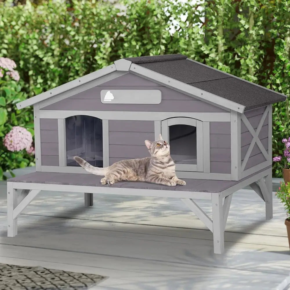 Large Wooden Outdoor Cat Shelter for All Weather Conditions