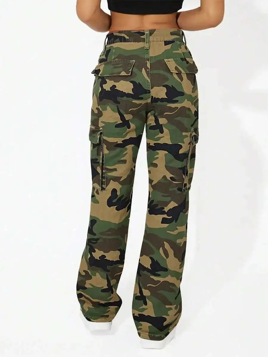 Women Camo Cargo Jeans Stretch Straight Leg Utility Denim Pants Multi Pockets Streetwear
