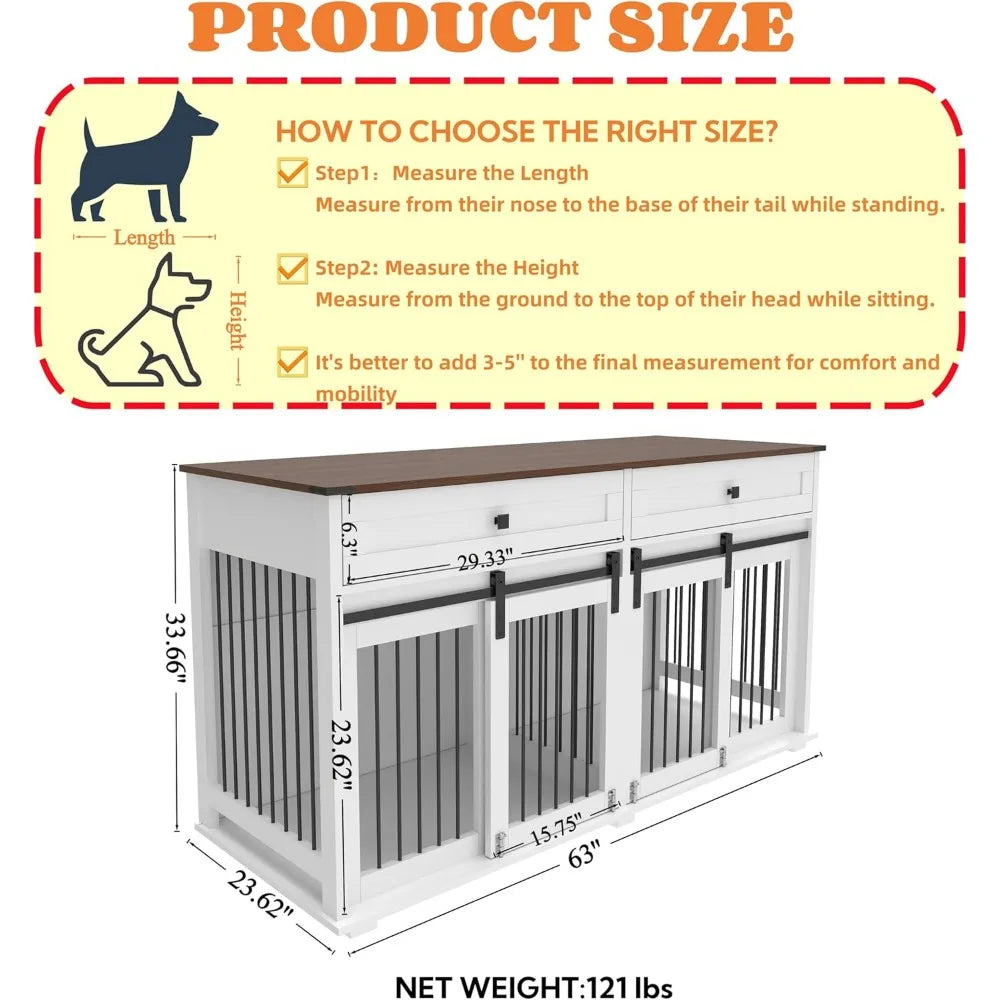 63'' Double Dog Crate Furniture for 2 Dogs, XXL Wooden 2 Dog Kennel, Wooden Dog Kennel with 2 Drawers, Divider and Sliding Door,