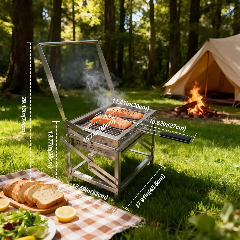 Portable Rotatable 4-Tier Adjustable Charcoal Grill Tray for Outdoor Smoking, Picnics, and Camping