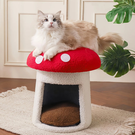 Mushroom Cat Bed Chocolate Biscuit Cat Bed Suitable for Indoor Cats, Mushroom Cow-Shaped Cat Cave Bed, Cat Tent with Removable and Washable Cushion Pillow, Cat House Bed Suitable for Cats and Small Dogs
