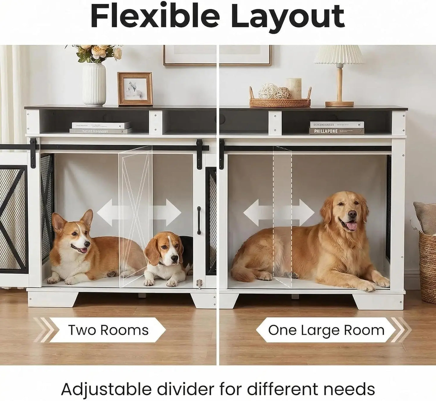 71" Double Dog Crate Furniture with Sliding Doors, Wood & Metal Dog Cage with Divider, Large Dog Kennel, Indoor Crate TV Stand