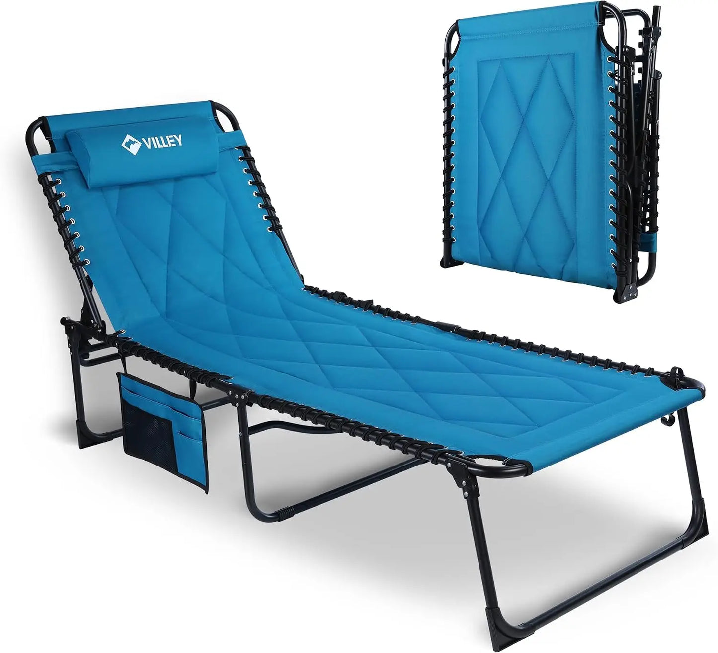 Oversized Padded Chaise Lounge with Cushion, Foldable Camping Cot, Patio Reclining Chair for Outdoor Indoor Backyard Garden Camping Relaxing Beach