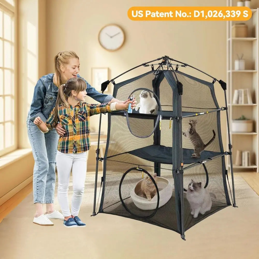 X-Large Foldable 3-Tier Cat Enclosure with Indoor/Outdoor Use, Portable Catio, and Dual Door Design