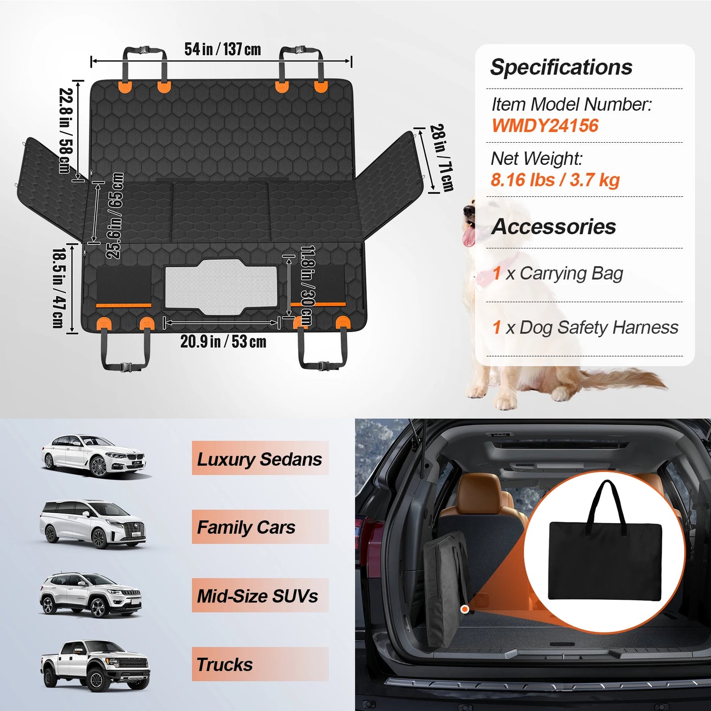 Back Seat Extender Dog Car Seat Cover for Back Seat Bed with Mesh Window and Storage Pocket Supports 350 lbs, Dog Hammock