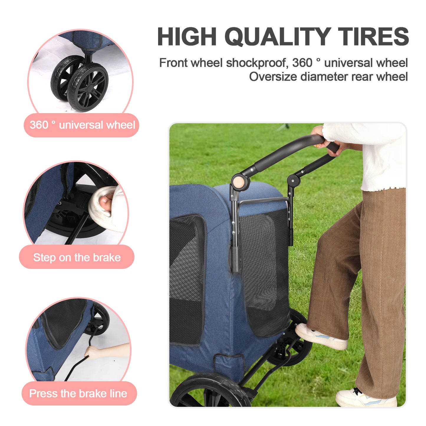 Heavy-Duty Dog Stroller for Large Dogs up to 120 lbs, Foldable Pet Wagon with 360° Wheels, All-Round Ventilation, Front & Rear Z
