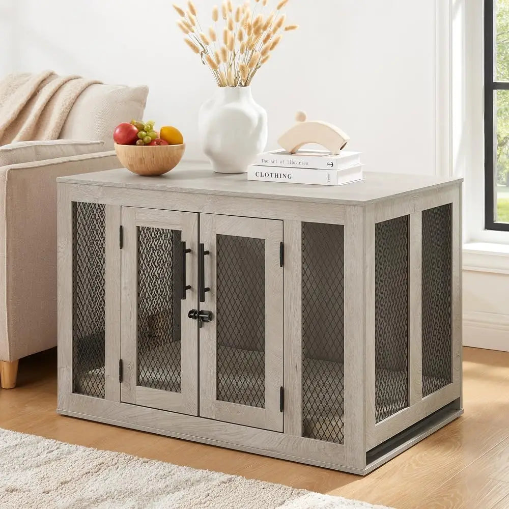 Furniture Style Dog Crate with Cushion and Tray, Mesh Dog Kennels with Double Door, End Table Dog House, Medium Crate Indoor Use