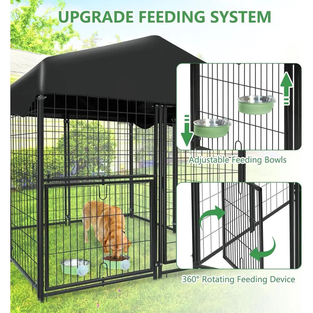 Outdoor Dog Kennel 4 x 4.2 x 4.5ft - Large Enclosure with Roof, Rotating Door, and Adjustable Bowls for Small to Medium Dogs