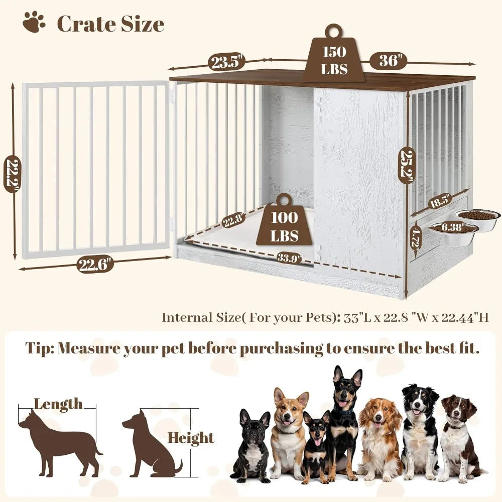 36" Wooden Dog Crate Furniture for Large Dogs, 270° Swivel Door, 360° Rotating Feeder, Double Locks, White