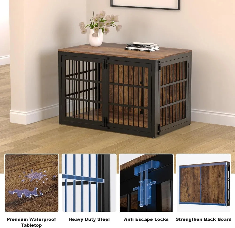 48" Heavy Duty Wooden Dog Crate Furniture for Extra Large Dogs, XXL Kennel with Side Door, Pet End Table, Black & Brown