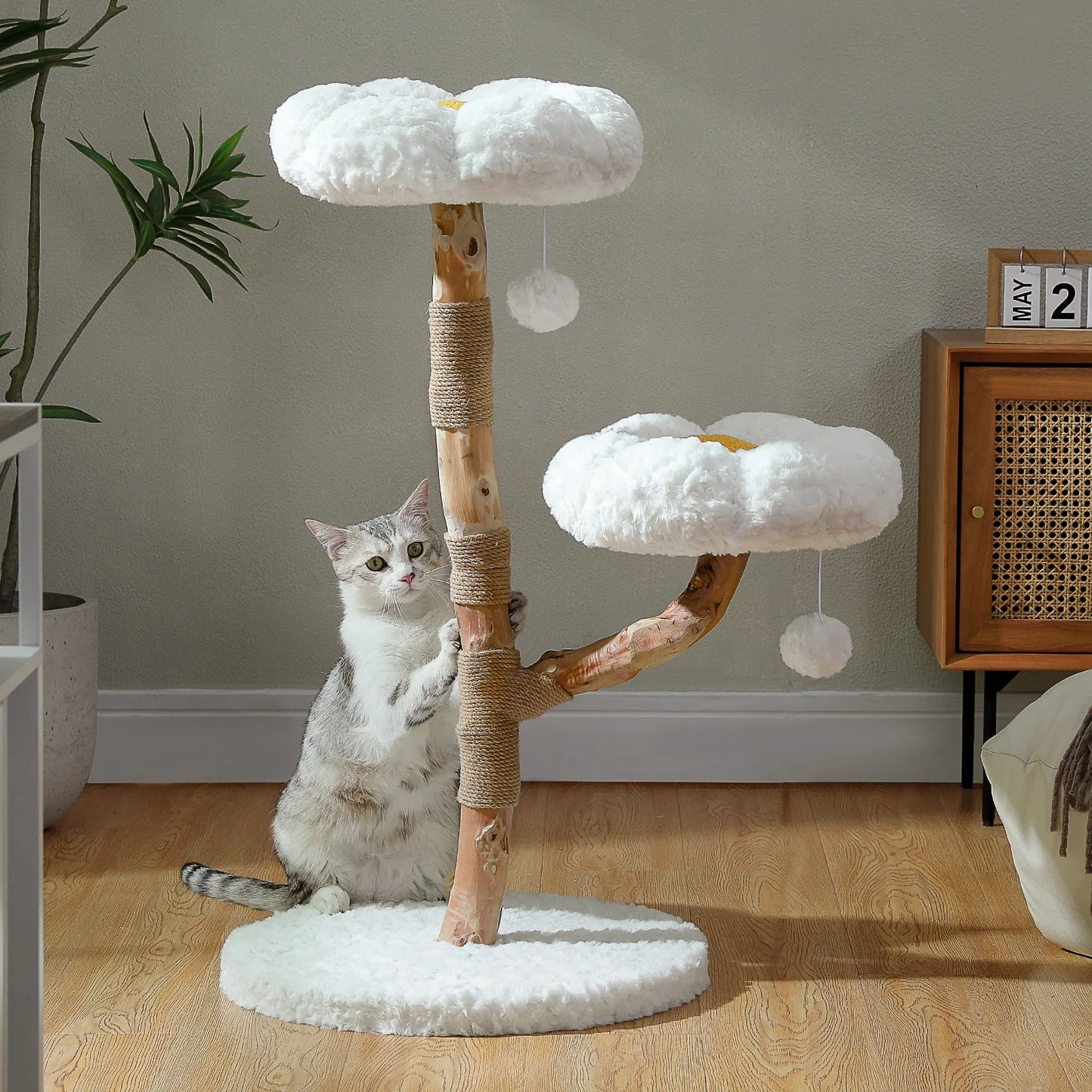 Solid Wood Cat Tree Modern Cat Tower with Spacious Cat Condo, Flower Perches, Fun Pompom, Double Comfort Perfect for Indoor Kittens