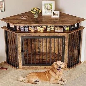 51" Wide Corner Wooden Dog Crate Furniture with 2-Tier Shelves, Pet Kennel for Large Dogs, Space-Saving Dog Cage for TV Stand,