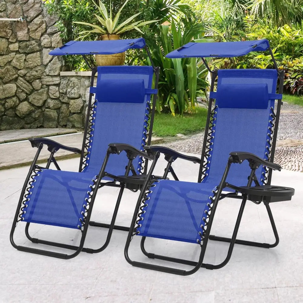 2-Piece Zero Gravity Recliner Set with Shade, Outdoor Patio Lounger, Cup Holder, Ideal for Beach or Camping, Blue