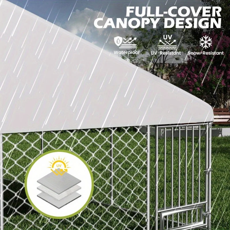 13'x 13' Large Outdoor Dog Kennel – Heavy Duty Metal Kennel with Waterproof Cover, Rotating Feeder & Lockable Door