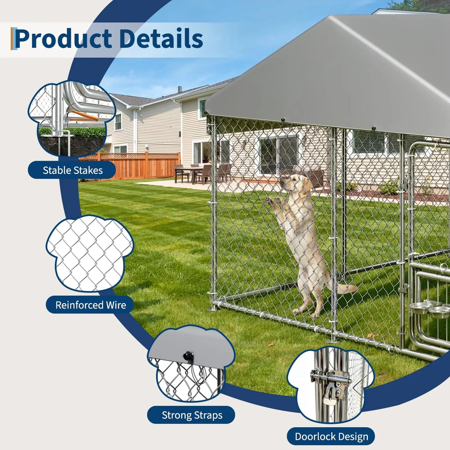 Heavy Duty 7.5 FT x 7.5 FT x 6.6 FT Outdoor Dog Kennel With Roof Cover, Lockable Feeding Door Dog Run For Large Dogs